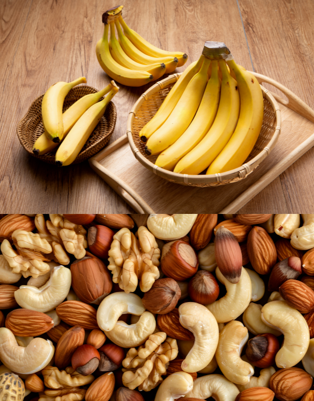 춘곤증에 도움이 되는 바나나와 다양한 견과류 음식 사진