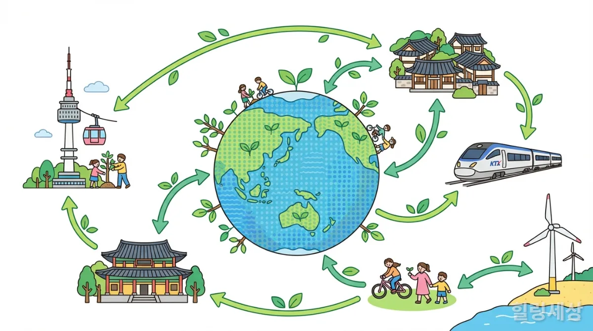 지속 가능한 여행의 중요성을 상징하는 지구본과 한국의 명소들