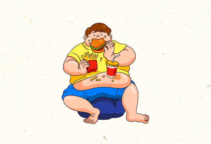비만인-남자가-고열량의-햄버거와-감자튀김을-먹는-모습
