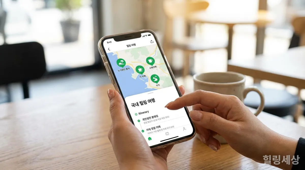 AI 여행 플래너 앱으로 국내 힐링 여행 일정을 확인하는 스마트폰 화면