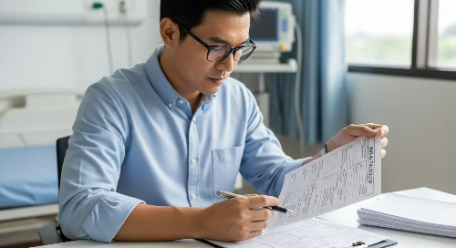 책상에서 건강검진 지표를 꼼꼼하게 확인하고 있는 남성 모습