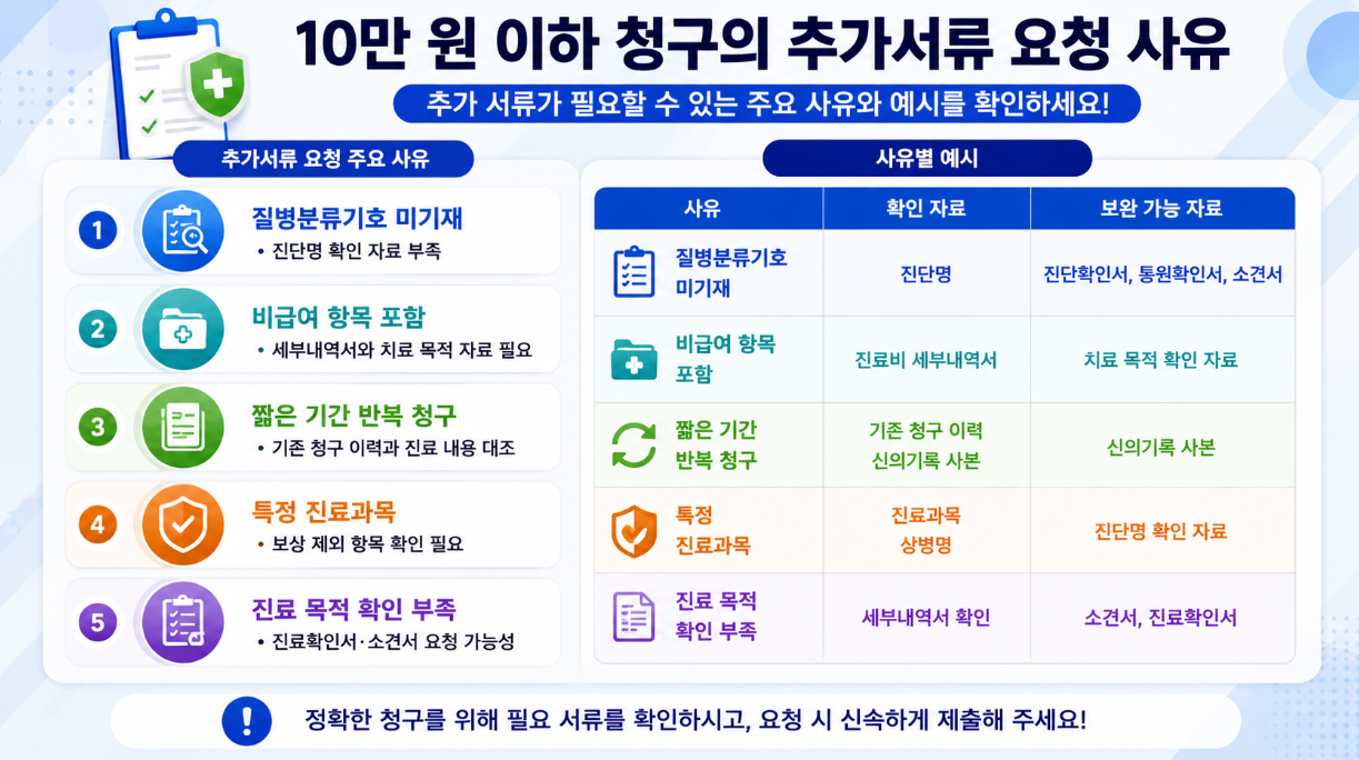 10만 원 이하 의원 진료비 실손 청구에서 추가서류가 요청되는 사유와 보완 가능 자료를 정리한 인포그래픽