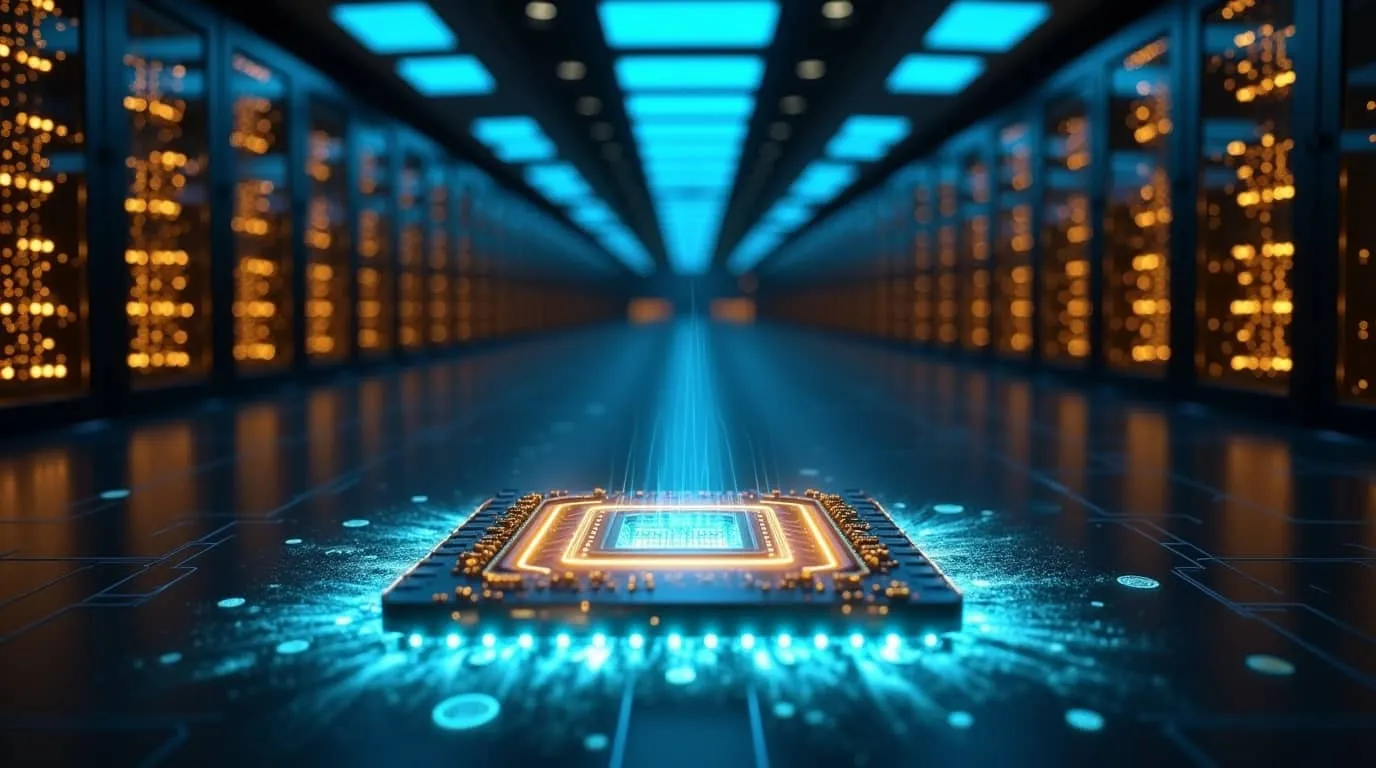 사이퀀텀의 단일 포토닉 양자 칩에서 빛 입자들이 사방으로 퍼져나가며 무한히 확장되는 서버 랙 복도로 연결되는 모습을 표현한 미래형 데이터센터 이미지. 이 시각화는 사이퀀텀(PsiQuantum)의 100만 큐비트 양자컴퓨터가 단일 칩에서 시작해 모듈형 구조로 무한 확장되는 핵심 전략을 전달하며, 블루와 골드 컬러의 극적인 조명으로 양자컴퓨팅 기술의 확장성과 혁신성을 시각적으로 표현함 (PsiQuantum photonic quantum chip scalability visualization 1 million qubits modular architecture data center)