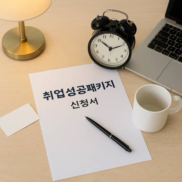 책상 위에 놓인 취업성공패키지 신청서와 펜, 자명종, 머그컵, 노트북 등이 함께 구성된 깔끔한 신청 장면 이미지