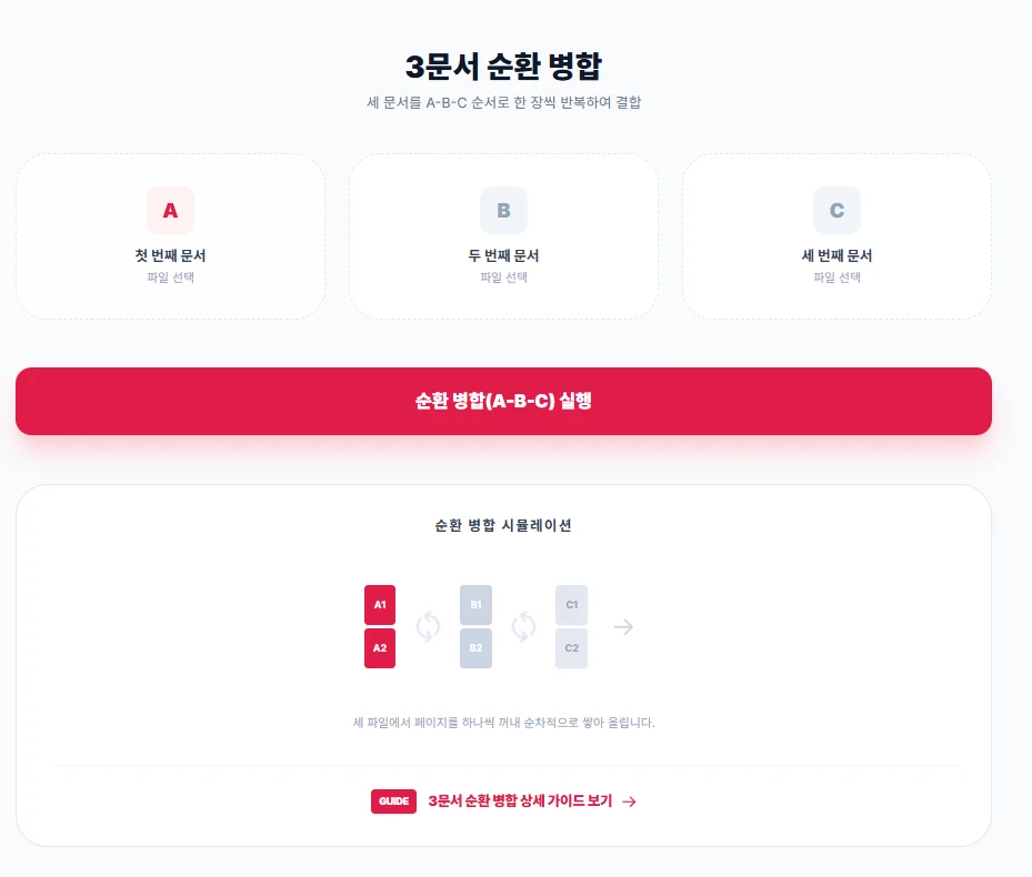 Max-PDF 웹사이트에서 PDF 파일 A, B, C를 각각 업로드하는 인터페이스