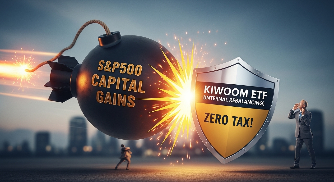 'S&P500 매도 차익'이라는 세금 폭탄을 'ETF'라는 방패가 막아주고 'SCHD(월배당)'로 변환되는 이미지