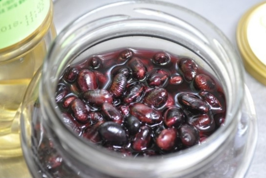 투명한 유리병에 콩과 식초를 부어 만든 콩식초를 뚜껑을 열어 속이 다 보이게 놓아두고 찍은 사진