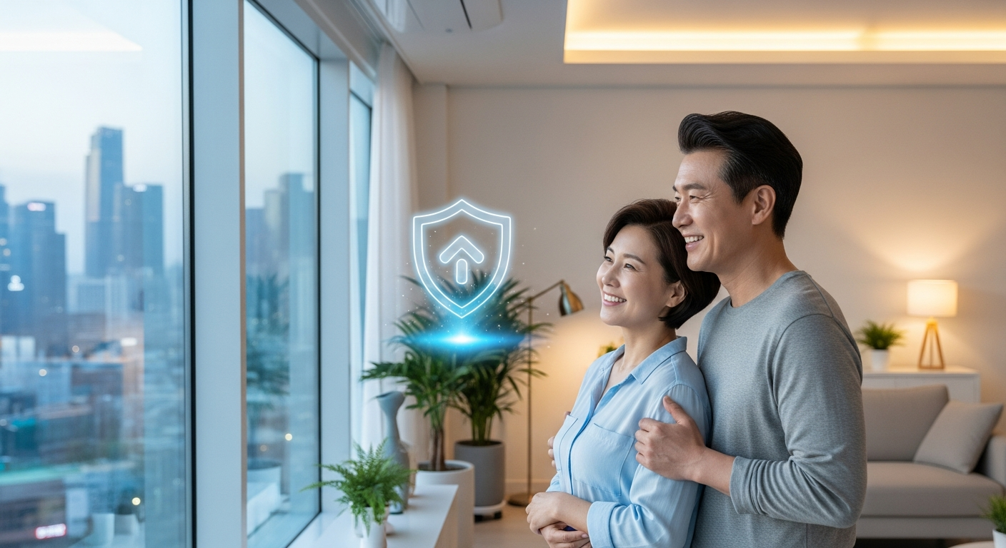 밝고 현대적인 거실에 서서 안정적인 도시 전망이 보이는 큰 창밖을 내다보는 행복한 젊어 보이는 중년 한국 부부. 그들 위에 은은한 홀로그램 방패 아이콘이 보호하듯 떠 있음. 재정적 안전과 노후 보장을 상징함. 8k, 디테일.