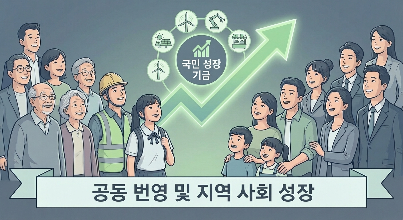 다양한 계층의 사람들이 함께 성장하는 '국민성장펀드'를 바라보며 미래를 기대하는 모습의 일러스트.