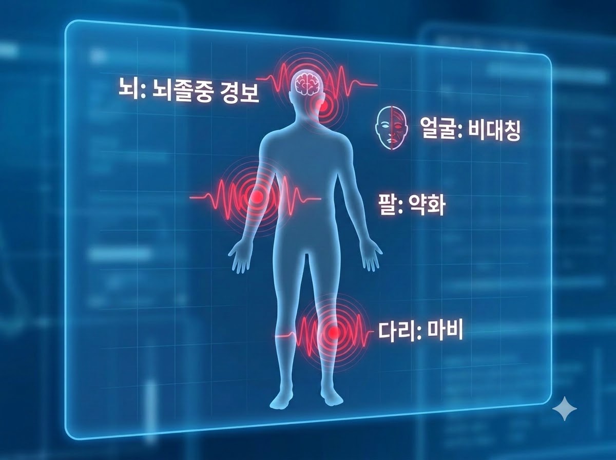 편측 마비, 안면 비대칭, 구음 장애 등 건강보험 급여 적용의 핵심인 뇌경색 신경학적 이상 증상 일러스트