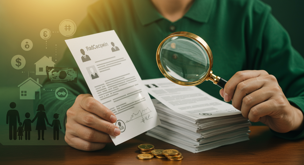 2025년 건강보험 피부양자 등록 조건을 돋보기로 확인하는 모습, 복잡한 서류와 가족을 상징하는 아이콘들이 함께 있는 이미지