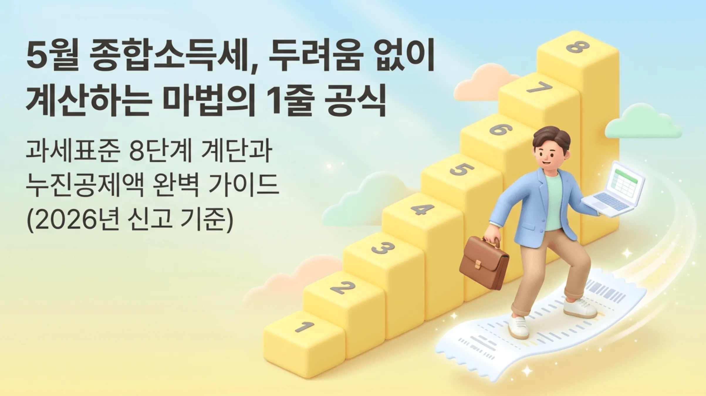 종합소득세 세율 구간별 계산 방법을 안내하는 블로그 대표 이미지. 1부터 8까지 번호가 매겨진 노란색 계단 블록이 과세표준 8단계 세율 구간을 상징하며 한 남성이 노트북과 서류가방을 들고 계단을 올라가는 모습이 표현되어 있다. 상단에 5월 종합소득세 두려움 없이 계산하는 마법의 1줄 공식이라는 문구와 함께 과세표준 8단계 계단과 누진공제액 완벽 가이드 2026년 신고 기준이라는 설명이 포함되어 있다