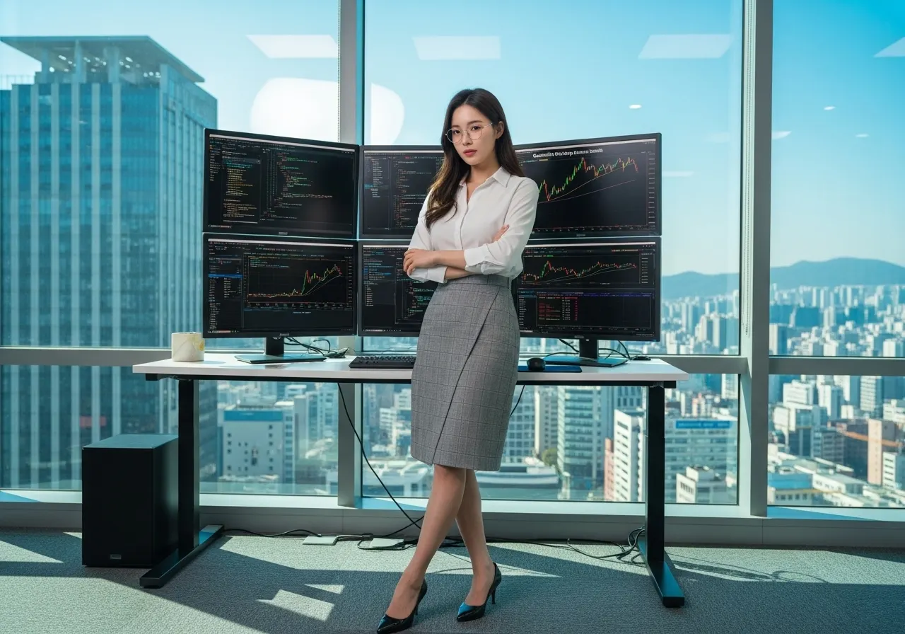 안경을 쓴 젊은 한국인 여성이 햇살이 드는 서울 여의도의 고층 오피스에서, 여러 모니터에 뜬 금융 데이터와 코드를 분석하며 자신감 있는 표정을 짓고 있다