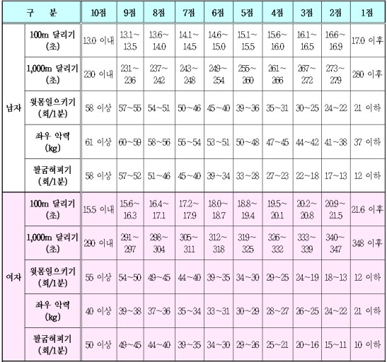 체력 시험 표준 표