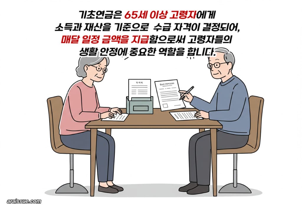 기초연금은 65세 이상 고령자에게 소득과 재산을 기준으로 수급 자격이 결정되어, 매달 일정 금액을 지급함으로써 고령자들의 생활 안정에 중요한 역할을 합니다.