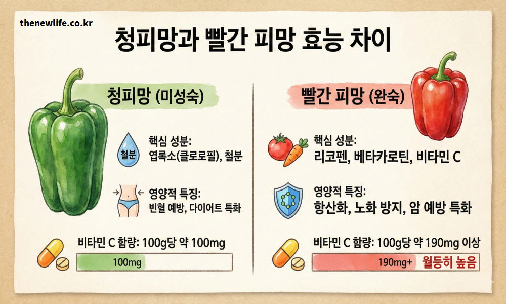 피망 효능이 숙성도에 따라 청피망과 빨간 피망으로 나뉘며 영양적 차이가 있음을 안내하는 이미지