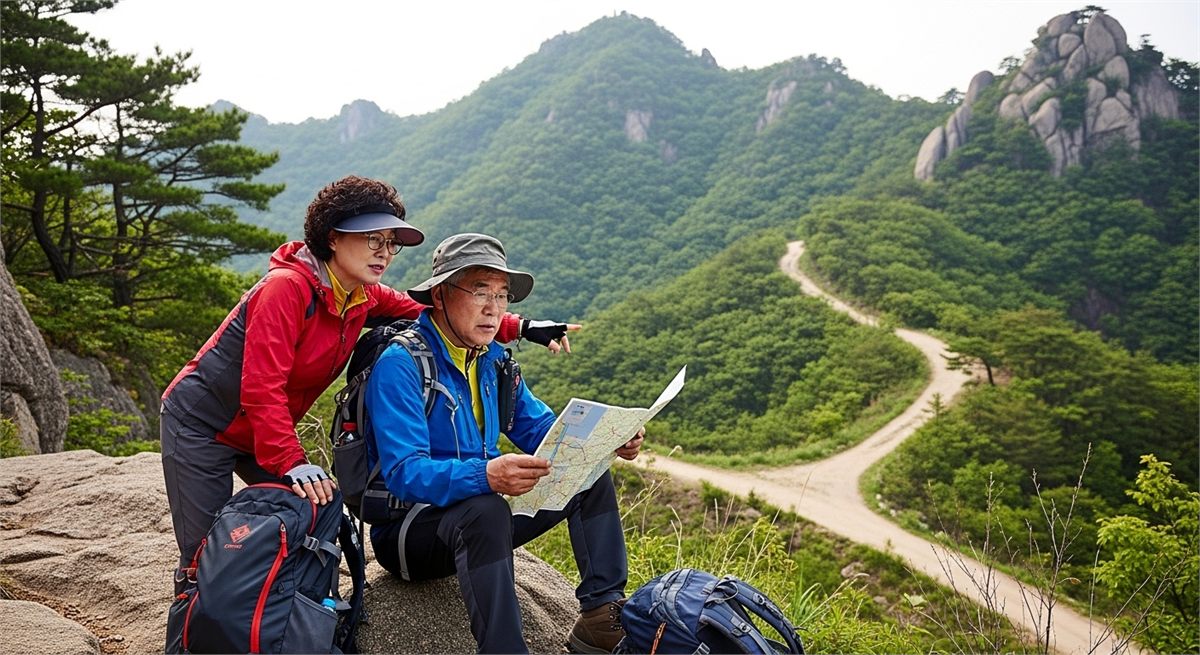 등산 코스 중간에서 잠시 쉬는 방문객 모습