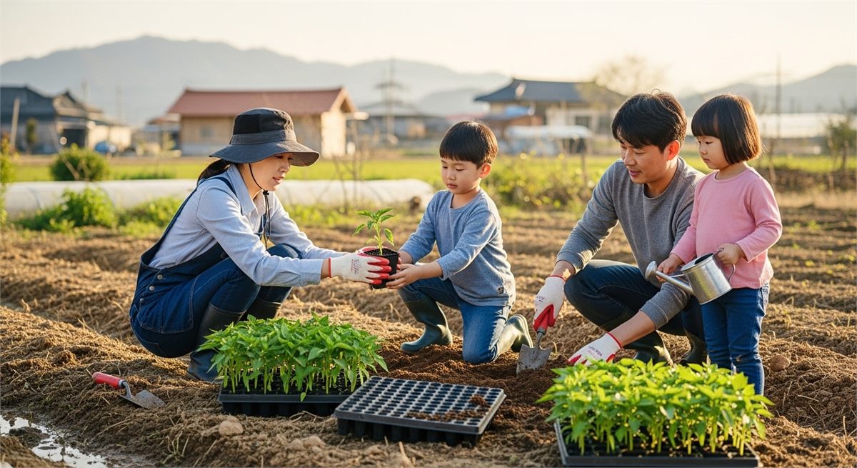 가족이 함께 주말 텃밭에서 고추 모종을 심는 장면