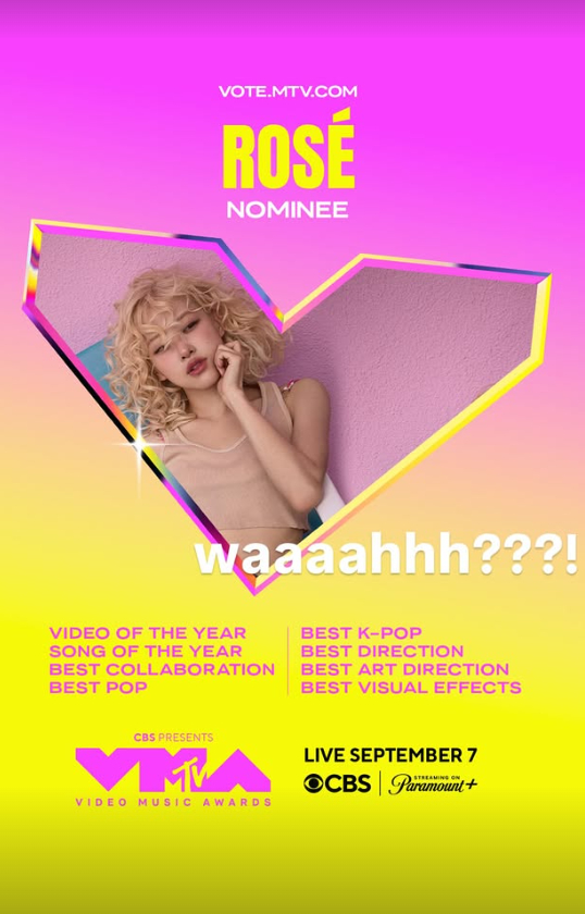 블랙핑크 로제가 '2025 MTV 비디오 뮤직 어워즈'(이하 'MTV VMAs')에서 8개 부문 후보에 올랐다. [사진=MTV VMA, 로제 인스타그램]