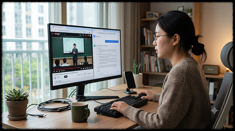 긴 유튜브 영상을 빠르게 텍스트로 요약하려는 사용자의 작업 모습
