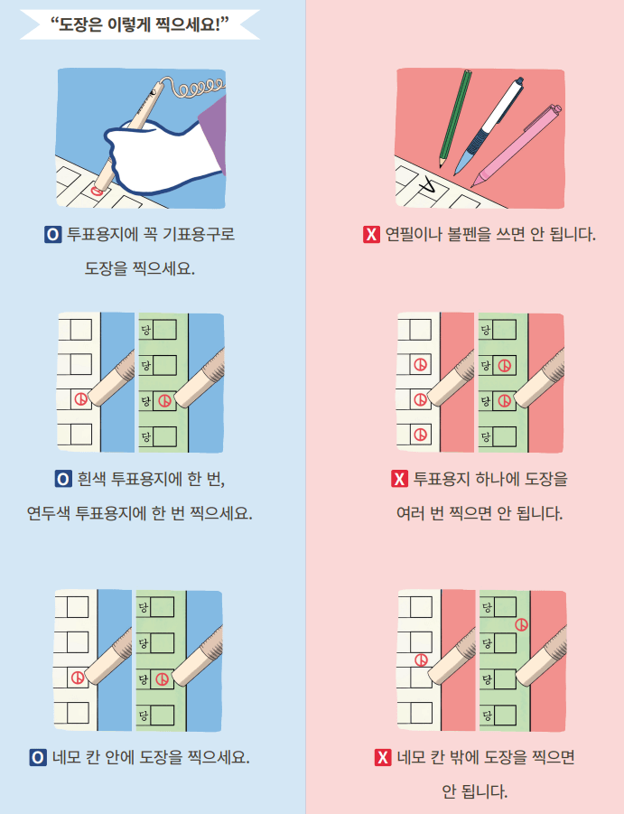 사전투표 장소 찾기 시간 준비물과 관련하여 투표도장 찍는 방법을 설명하고 있는 그림