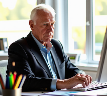 노트북으로 일하고 있는 노인