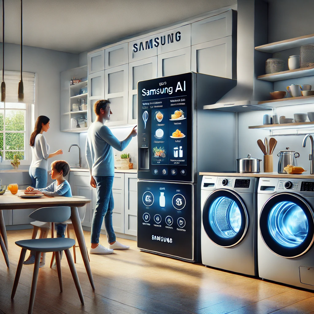 Samsung AI-powered refrigerator and washing machine in a modern kitchen.