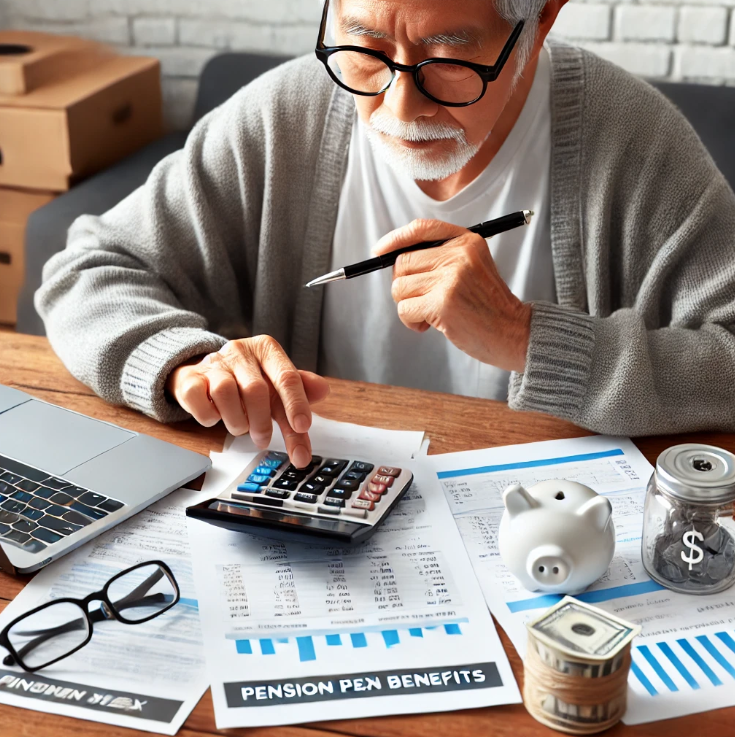 노인이 연금 혜택을 계산하는 모습