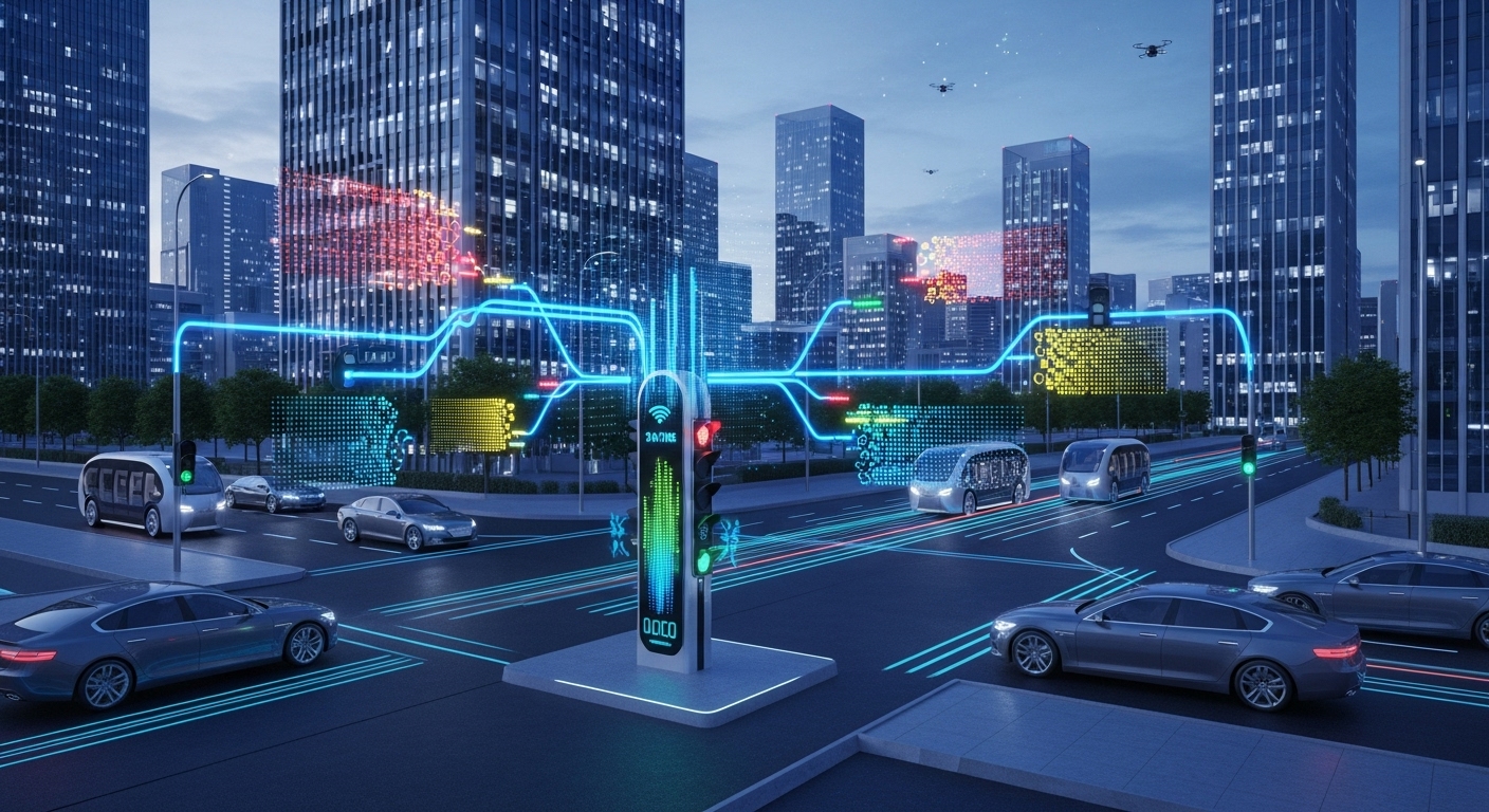AI가 교통 흐름을 실시간으로 분석하여 신호등을 제어하고, 자율주행 차량이 원활하게 통행하는 스마트시티의 교차로 모습.
