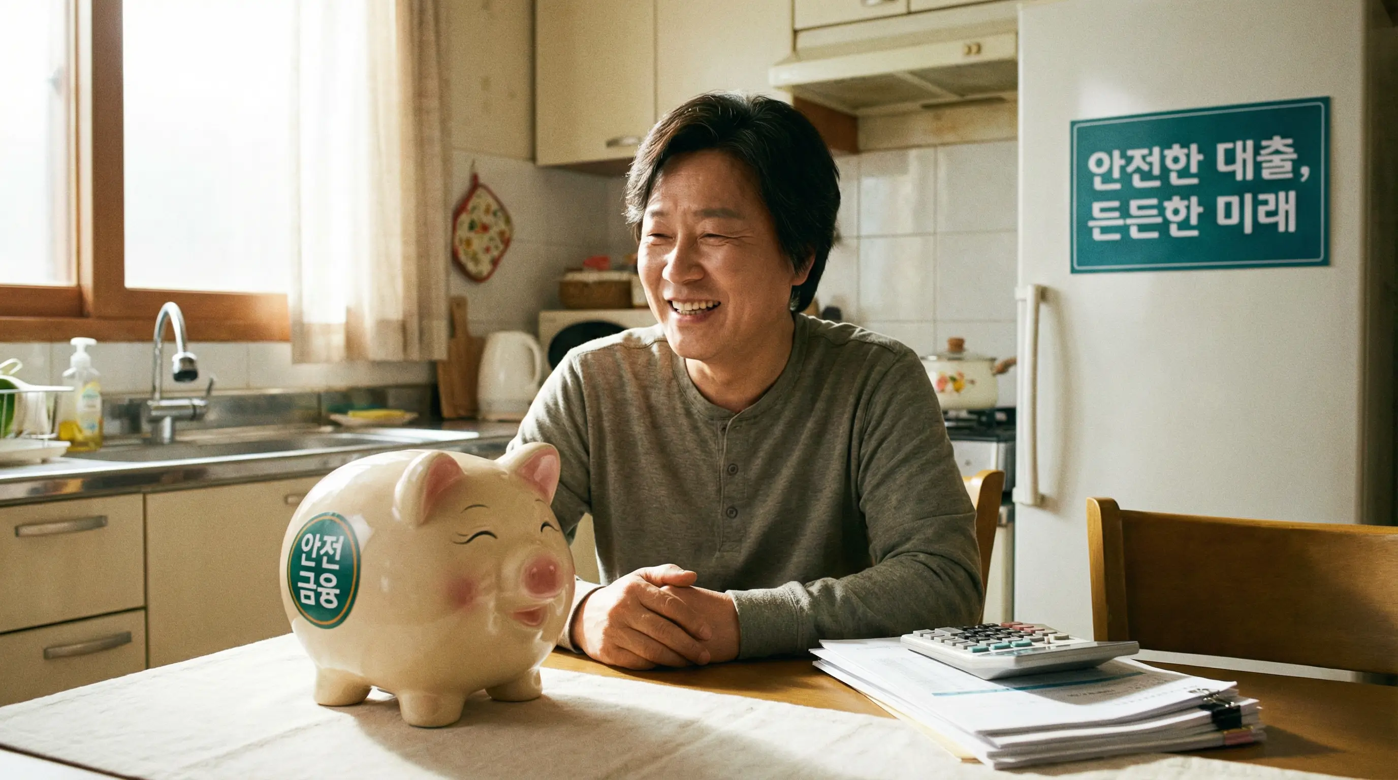 안전한 금융 대출을 통해 급한 불을 끄고 안도하며 웃는 사람과 돼지 저금통 이미지