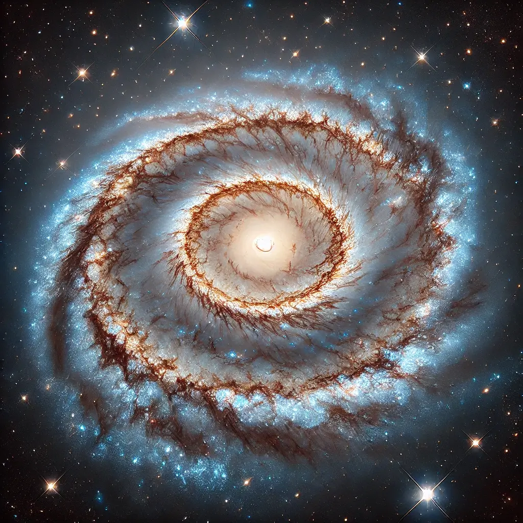 수레바퀴 은하의 모습 수레바퀴 처럼 동그랗게 나열되어있는 모습 가온데 별이 밝게 빛나고 있다.