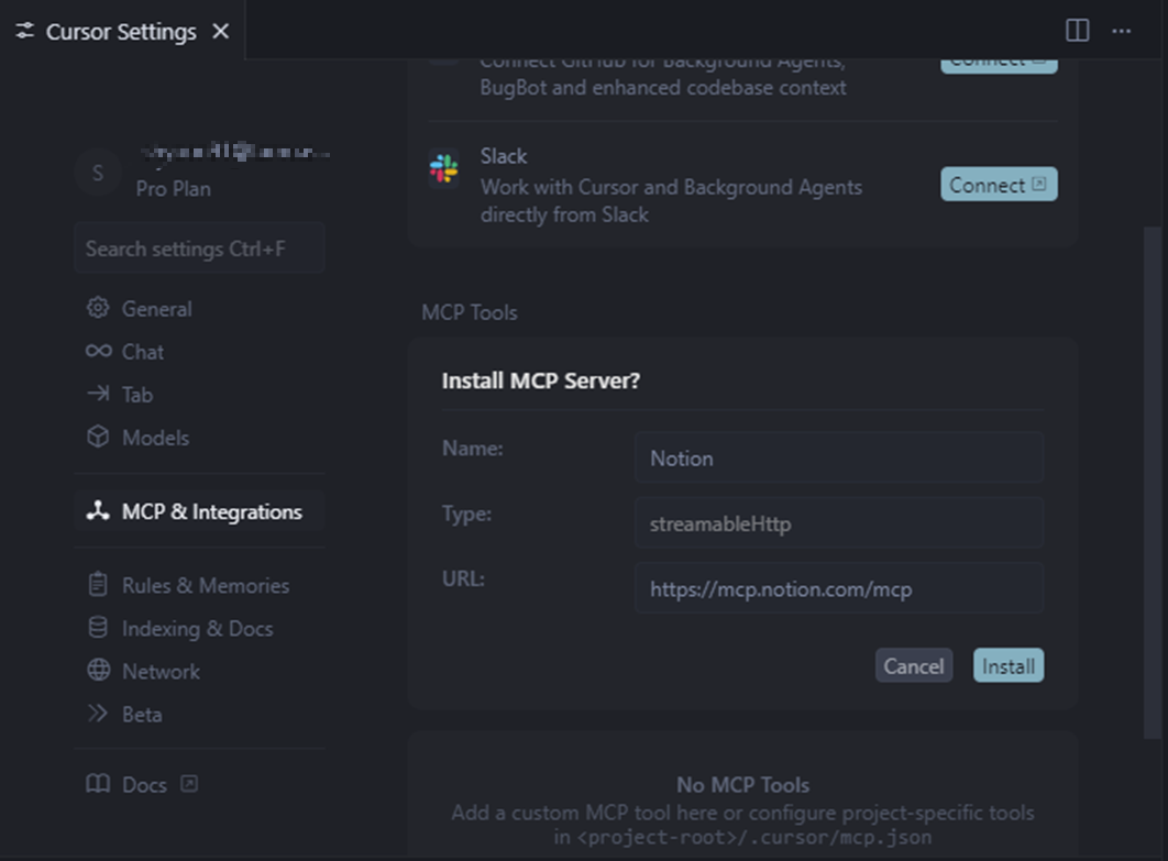 Notion mcp install button activated