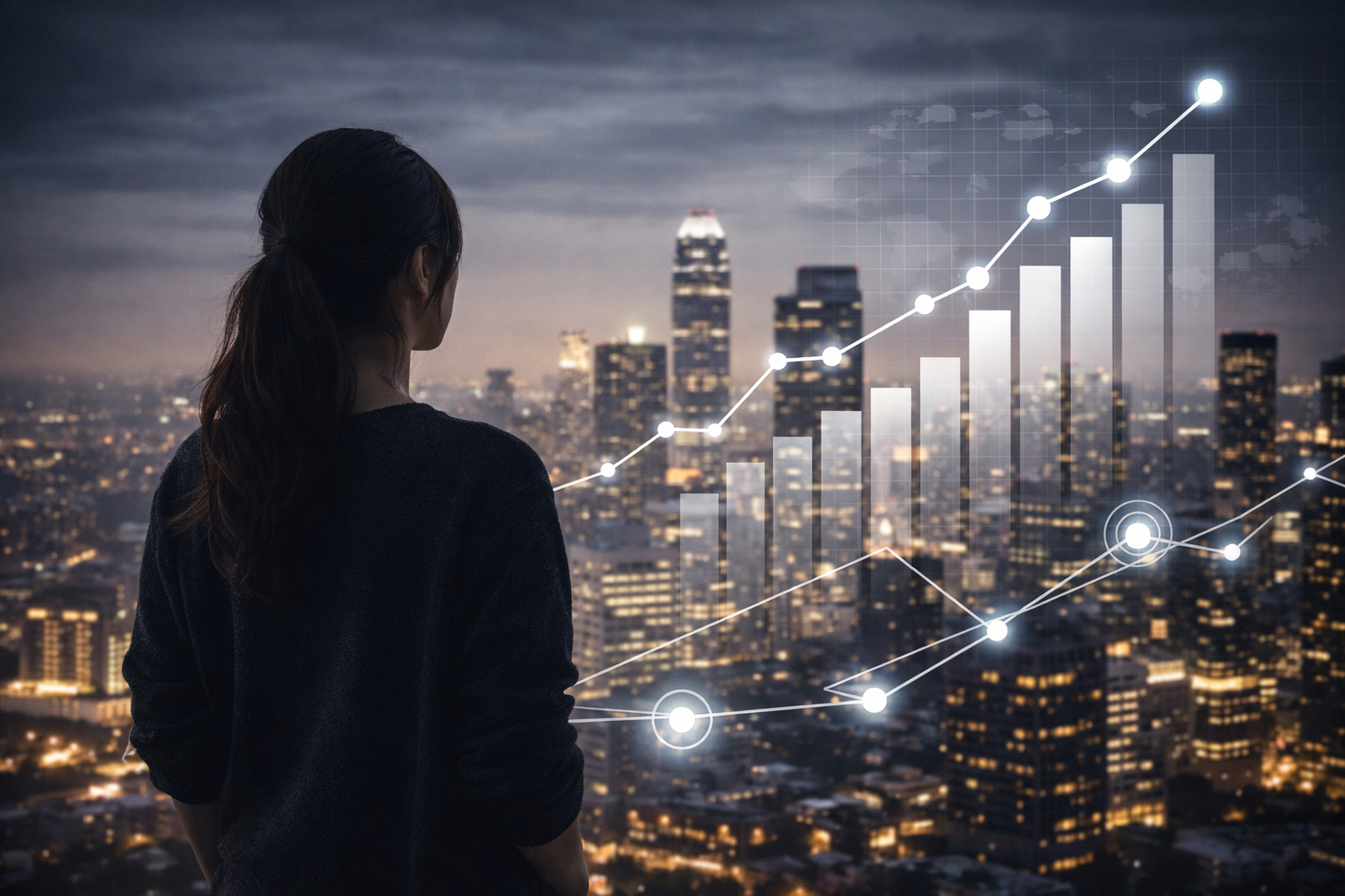 도시 야경을 바라보는 여성의 뒷모습과 상승 그래프, 구조적 사고를 상징하는 장면
