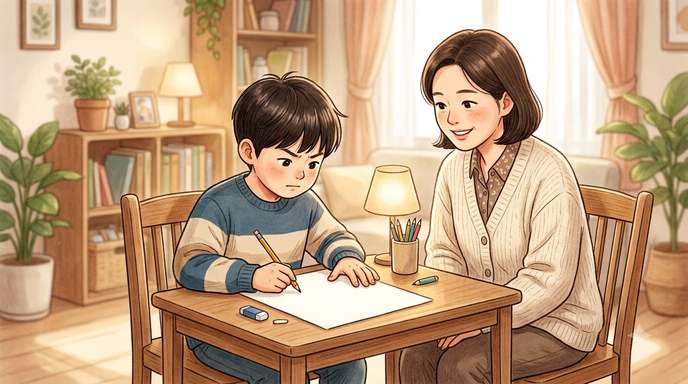 목표 설정표 앞에서 생각하는 아이