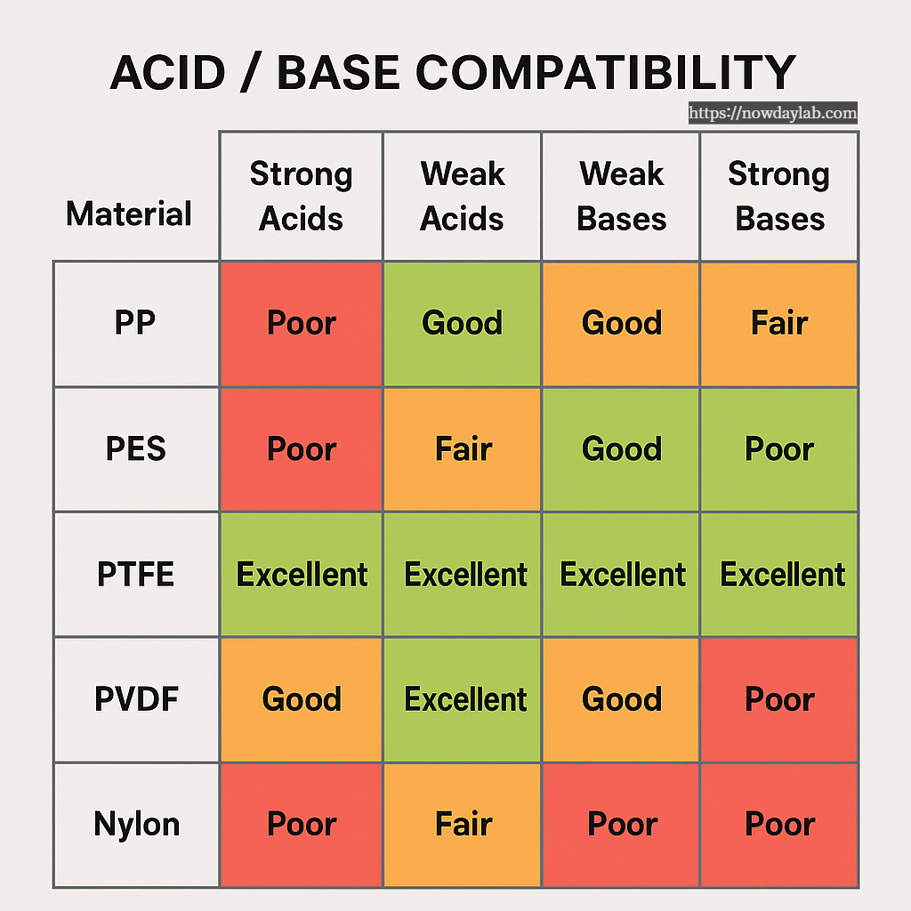 Chemical compatibility chart comparing filter materials (PP, PES, PTFE, PVDF, Nylon) across strong acids, weak acids, weak bases, and strong bases
