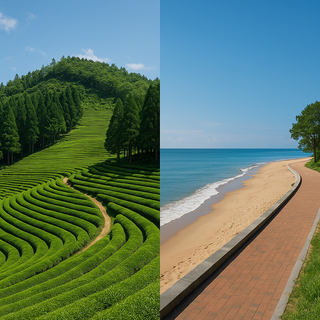 해변과 녹차밭이 보이는 사진