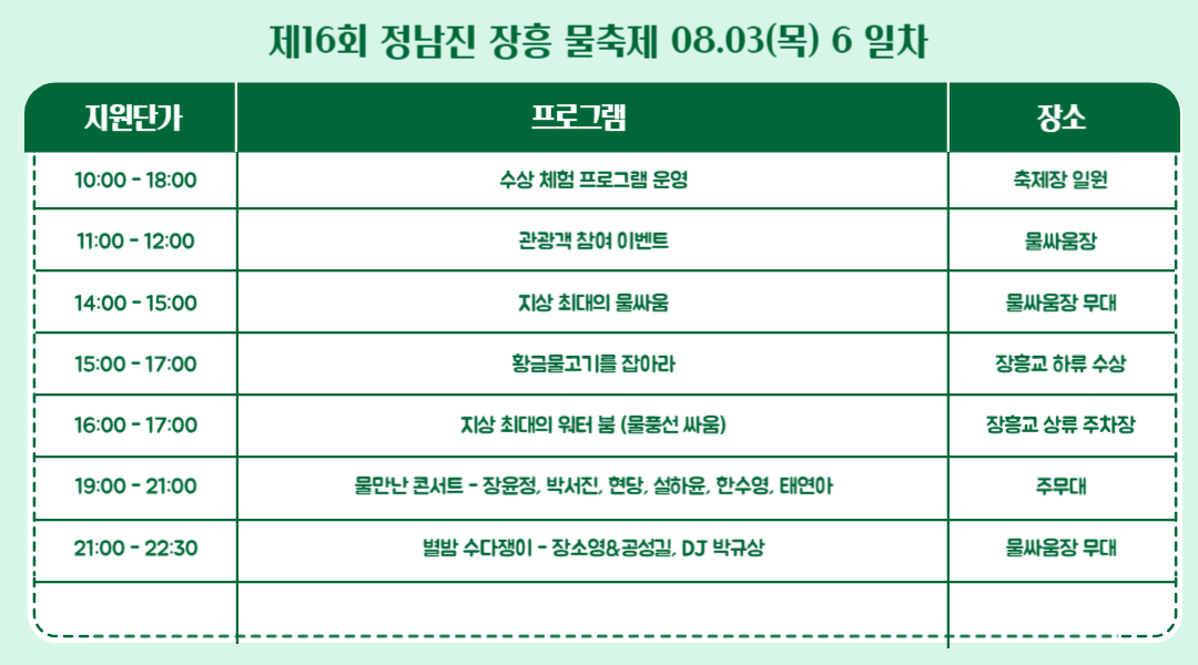 2023 정남진장흥물축제 프로그램 일정표
