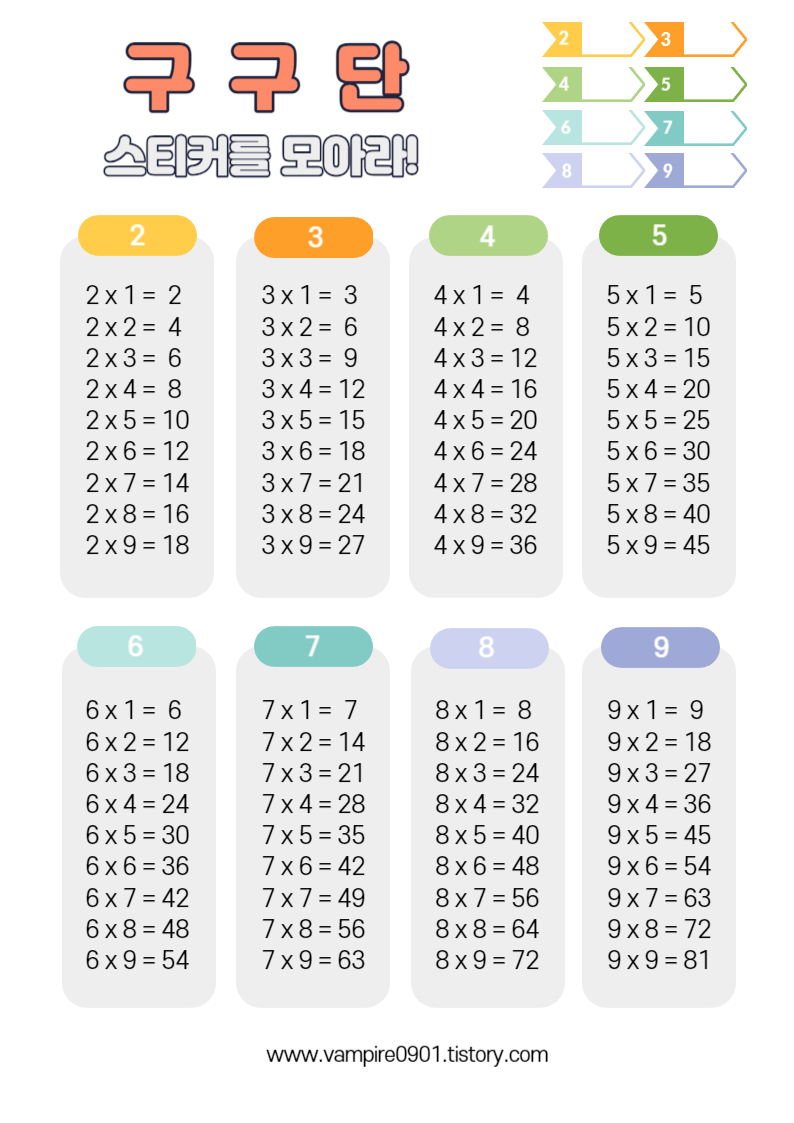 구구단 벽보 엄마표 학습지