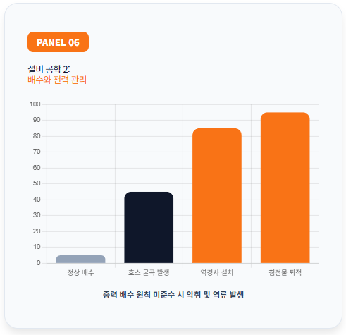 장비의 안정적 가동을 위한 배수와 전력 관리 리스크 지수 차트입니다. 호스 굴곡이나 역경사 설치 시 발생하는 리스크 지수를 비교하며, 중력 배수 원칙 미준수 시 발생하는 악취 및 역류 문제의 위험성을 공학적 데이터로 경고합니다.