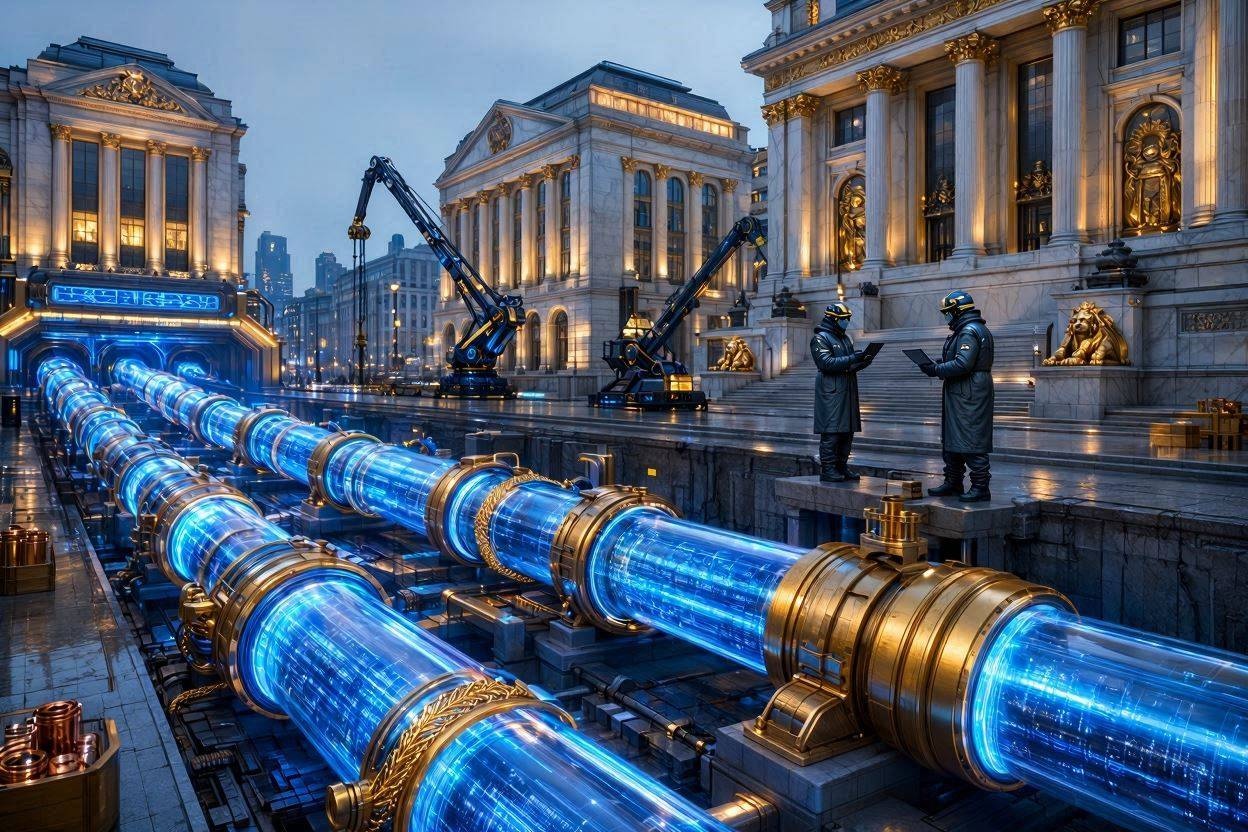 A futuristic city showing massive digital pipelines being installed beneath classical bank buildings.