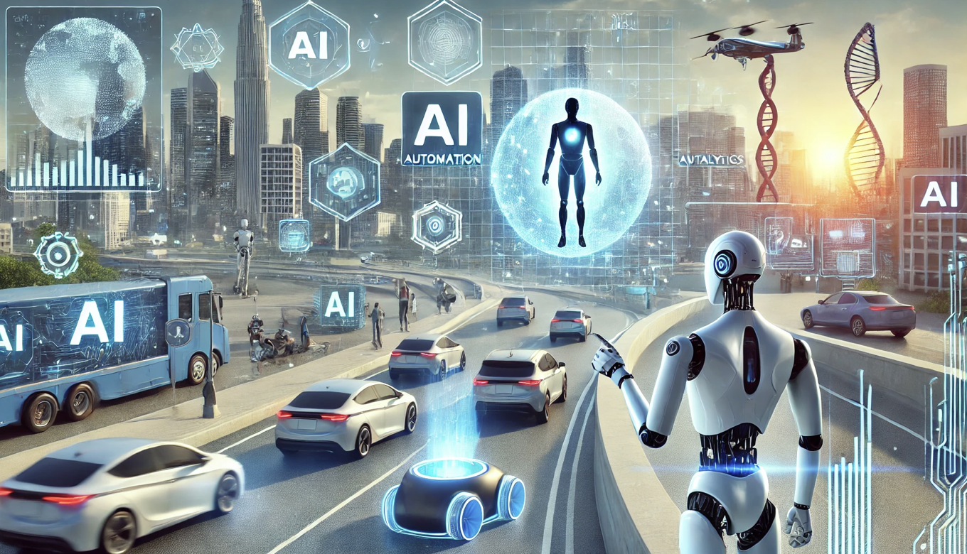 AI-기반-자동화가-적용된 미래 도시,-로봇이-인간을-돕고-홀로그램- AI-분석과-자율주행-차량이-운영되는-모습