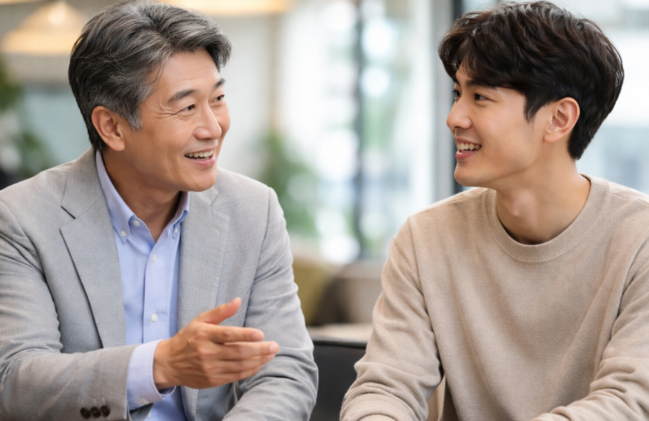 한국 사회의 나이 문화와 소통 방식을 상징하는 자연스러운 대화 상황