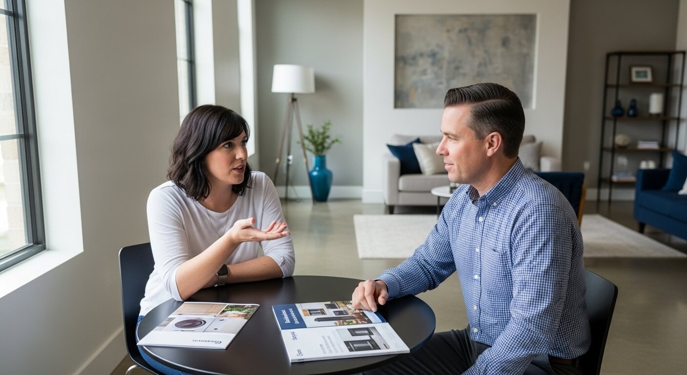 가정 내에서 여성과 남성이 가전제품 카탈로그를 두고 상담하는 장면