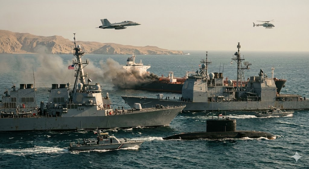 대치 상황 속에 연기를 내뿜으며 이동이 제한된 대형 상업용 유조선이 보이며, 이는 앞서 설명드린 호르무즈 해협 봉쇄 가능성과 글로벌 에너지 공급망의 위기를 시각적으로 표현한이미지