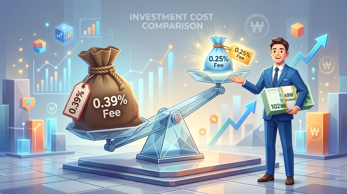 수수료 저울 위에서 보수가 0.25%로 가벼워진 데일리 커버드콜 쪽으로 저울이 기울어지고, 매달 102원의 분배금 주머니를 쥐어 잡으며 미소 짓는 영리한 자산가의 대비 일러스트