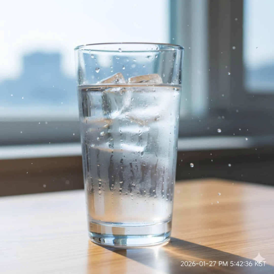투명한 유리잔에 신선한 물이 가득 담겨 있고&amp;#44; 주변에 상쾌한 느낌을 주는 물방울이나 가벼운 얼음 조각이 함께 있는 모습입니다. 깨끗하고 시원한 느낌을 강조하여 수분 섭취의 중요성을 전달합니다.