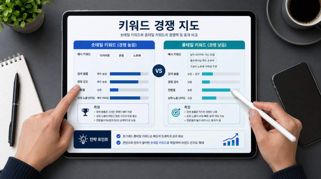 구글 키워드 플래너를 활용해 롱테일 키워드와 틈새 키워드를 분석하는 모습