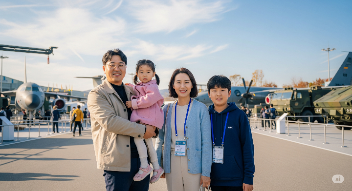 편안한 복장으로 서울 ADEX 야외 전시장에서 기념사진을 찍는 가족