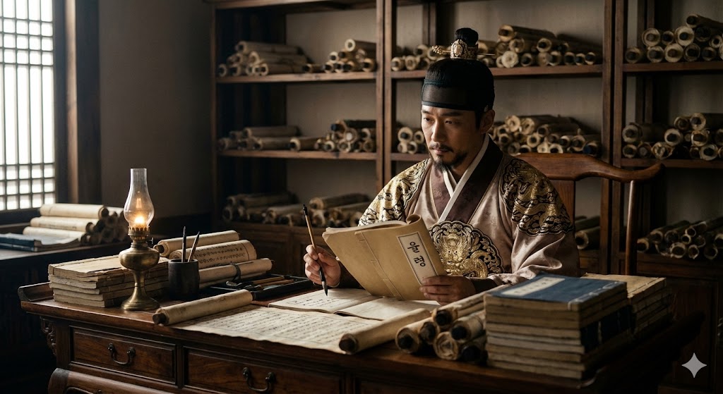 An intellectual and contemplative portrait of King Sosurim of Goguryeo reviewing the royal code of laws in his study.