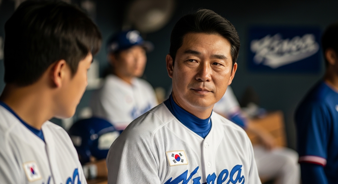 경험 많은 베테랑 야구 선수가 더 젊은 선수에게 조언하며 리더십을 보여주는 더그아웃 장면